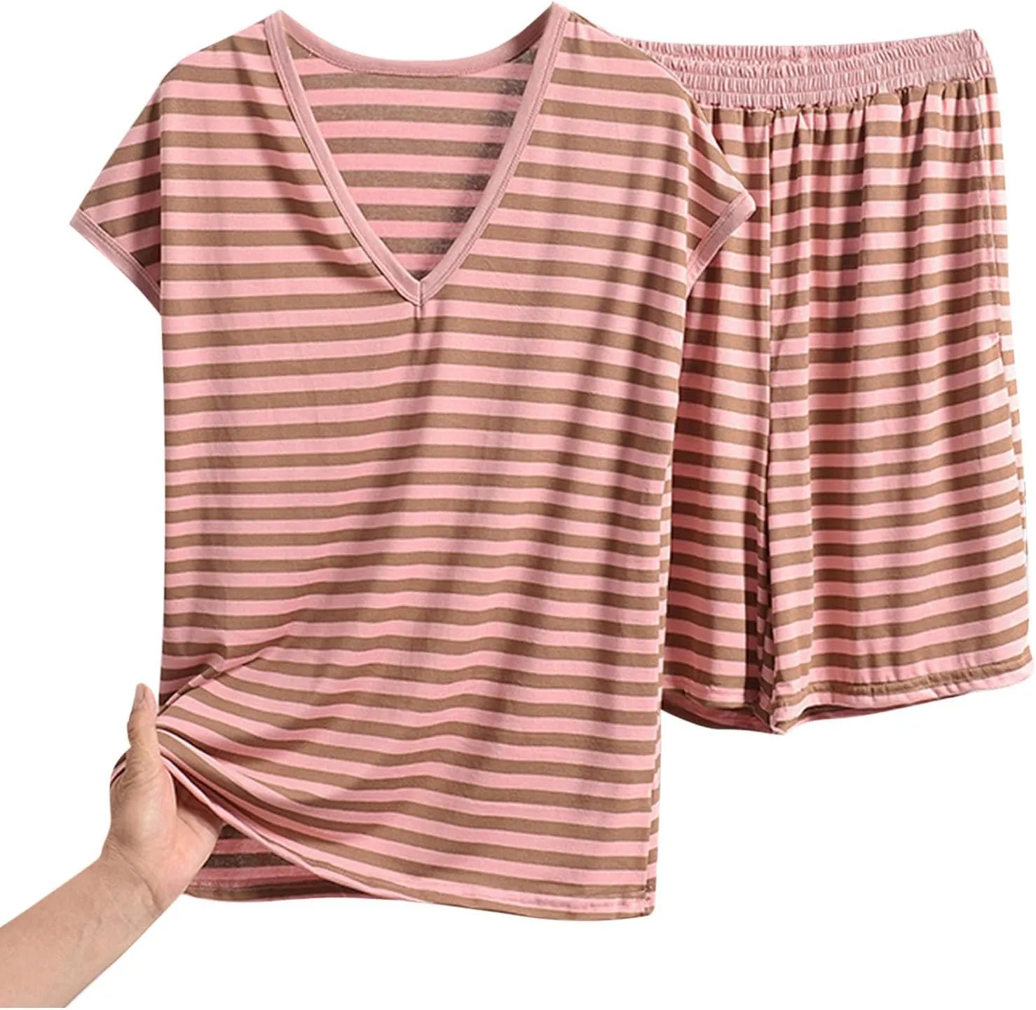 Pajama Set for Women 2 Piece Lounge Set Trendy Striped Short Sleeve Tops and Shorts Soft Casual Comfy V Neck Sleepwear