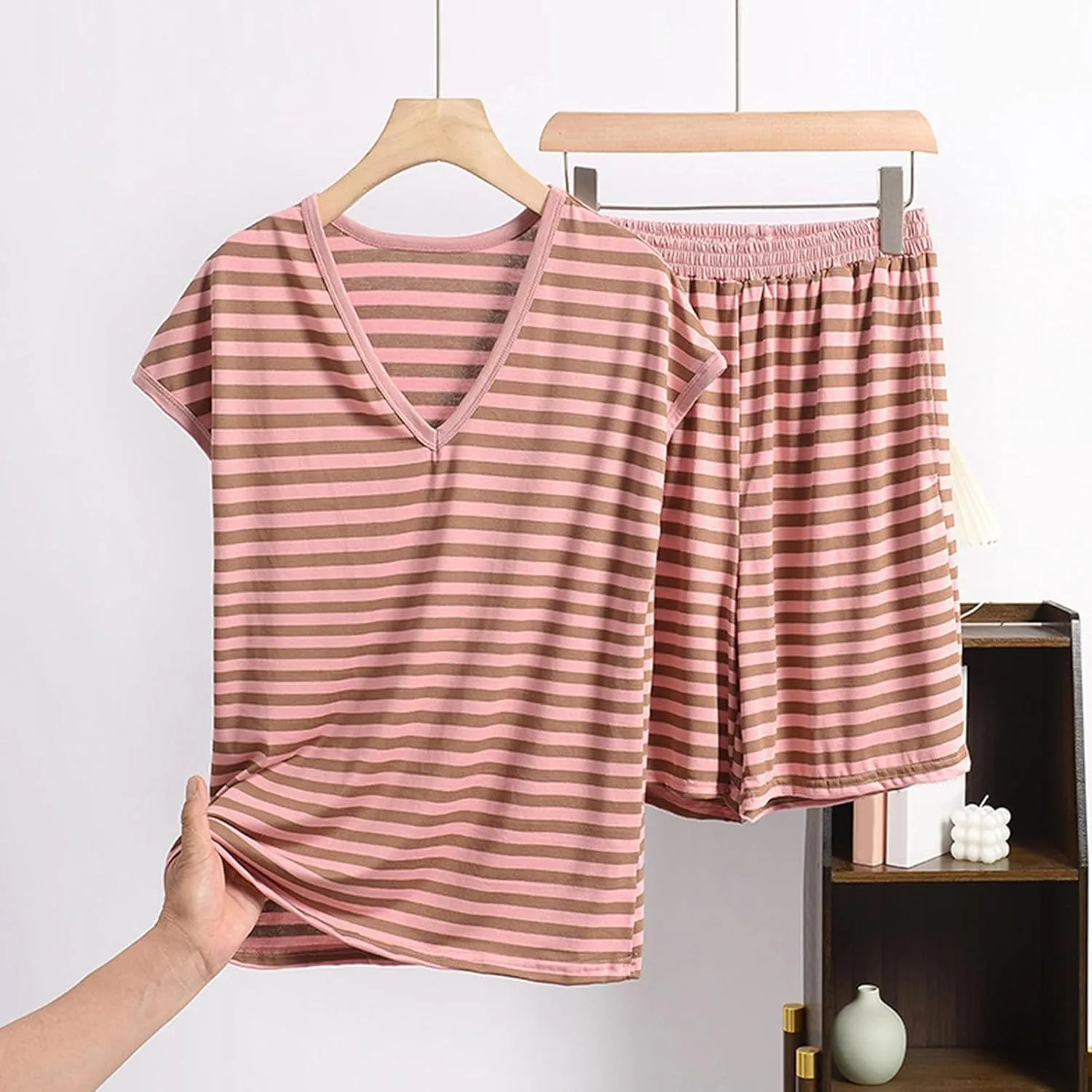 Pajama Set for Women 2 Piece Lounge Set Trendy Striped Short Sleeve Tops and Shorts Soft Casual Comfy V Neck Sleepwear