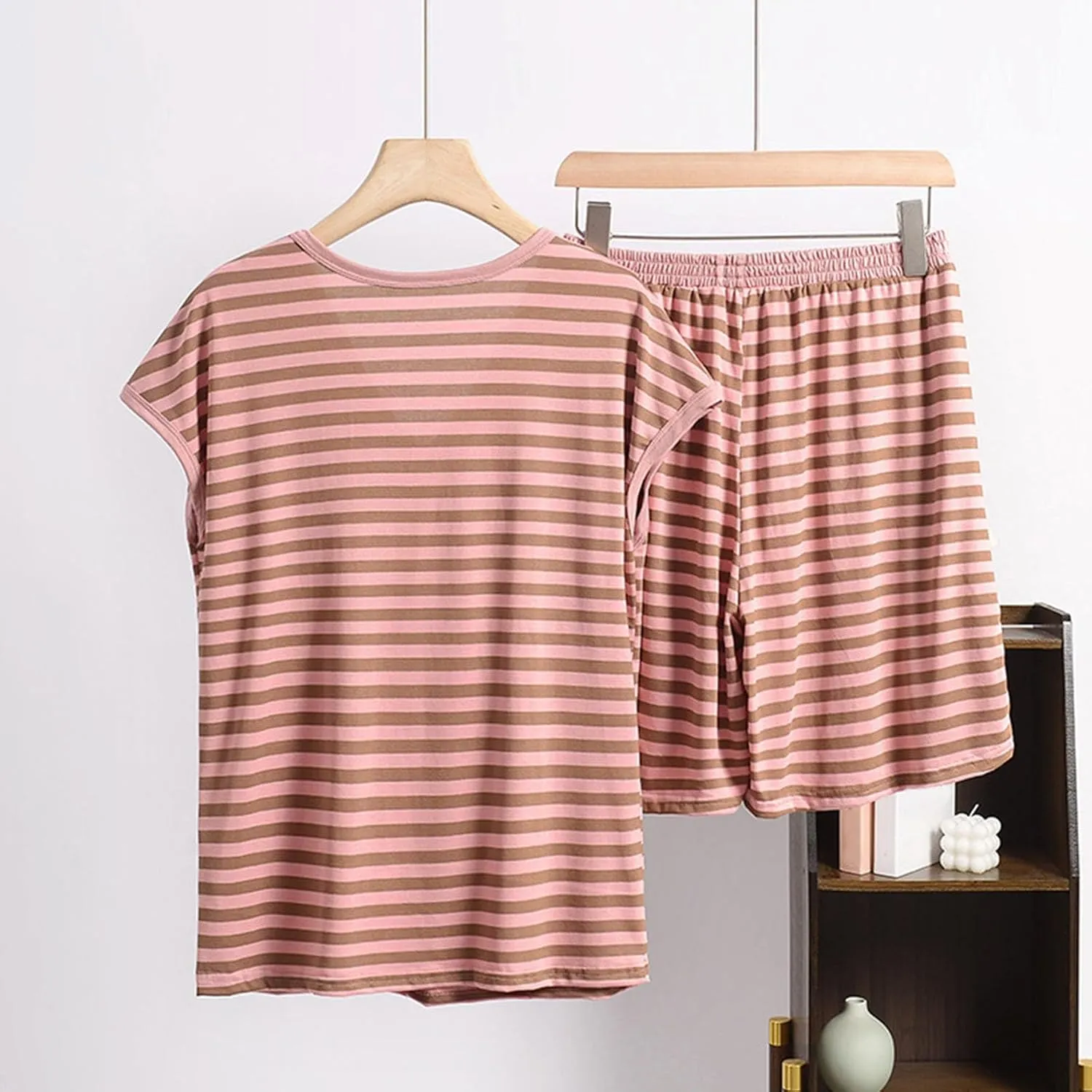 Pajama Set for Women 2 Piece Lounge Set Trendy Striped Short Sleeve Tops and Shorts Soft Casual Comfy V Neck Sleepwear