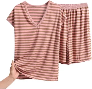 Pajama Set for Women 2 Piece Lounge Set Trendy Striped Short Sleeve Tops and Shorts Soft Casual Comfy V Neck Sleepwear