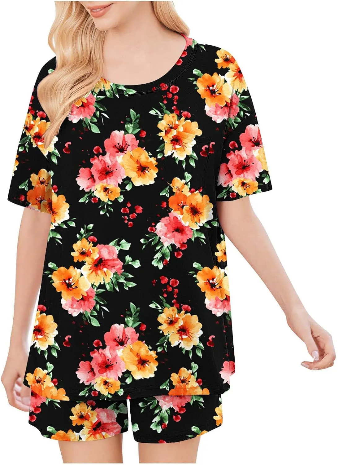 Pajamas 2 Piece Set for Women Comfy Short Sleeve Sleepwear Tops & Shorts Summer Fashion Loose Pjs Lounge Outfits