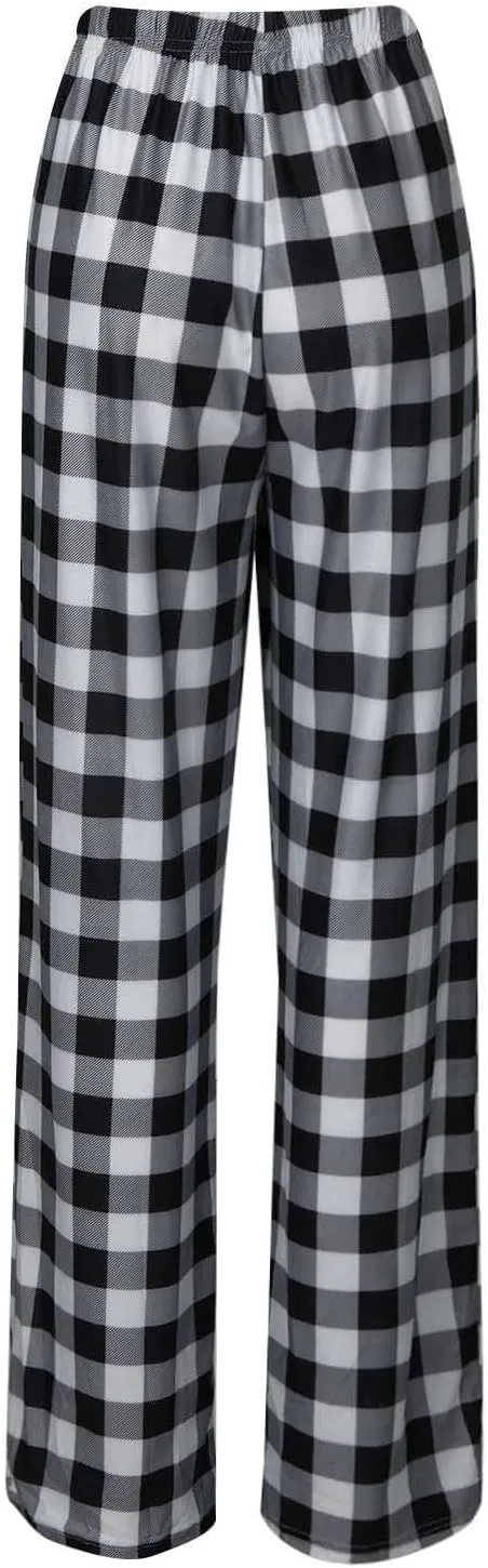 Pajamas Pants for Women Plaid Loose Fit Elastic Waist Drawstring Pants Wide Leg Pajama Pants Comfy Soft Lounge Pants
