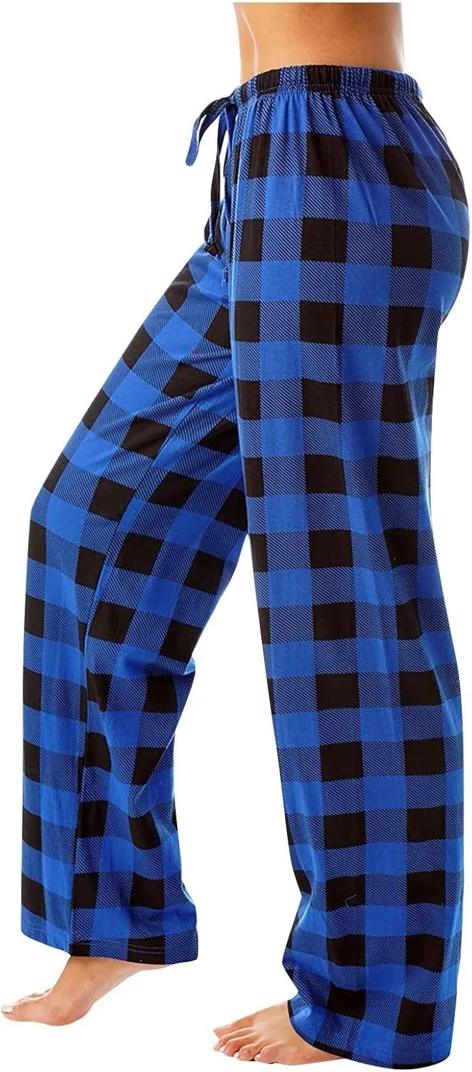 Pajamas Pants for Women Plaid Loose Fit Elastic Waist Drawstring Pants Wide Leg Pajama Pants Comfy Soft Lounge Pants