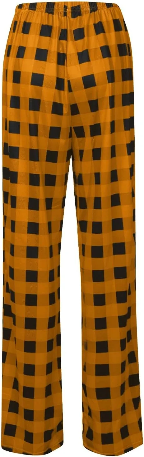 Pajamas Pants for Women Wide Leg Casual Comfy Loose Plaid Pants Stretchy Cute Sleep Bell Bottom Pajama Pants