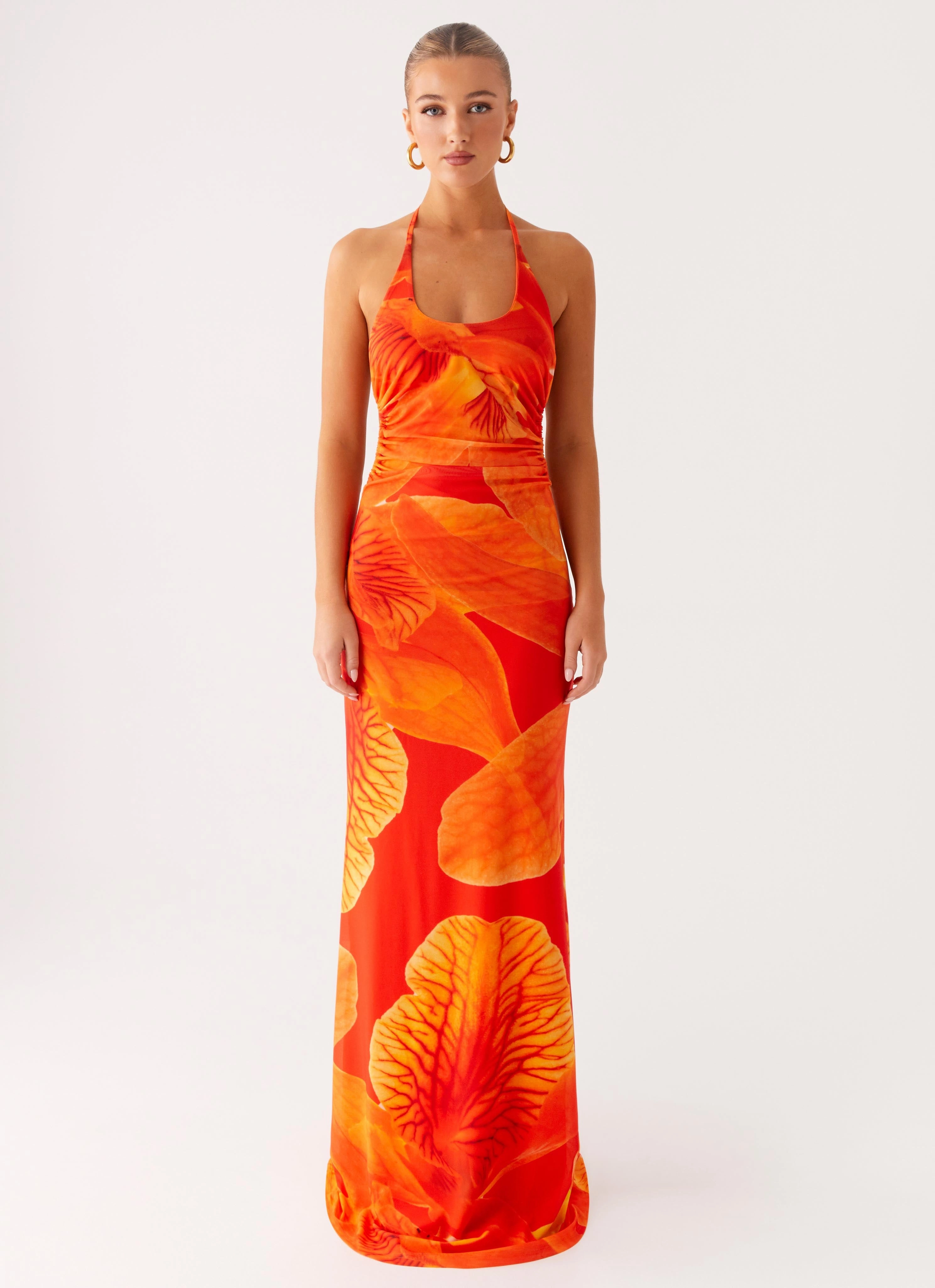 Palawan Mesh Maxi Dress - Orange Floral Sleek Design Autumn Look