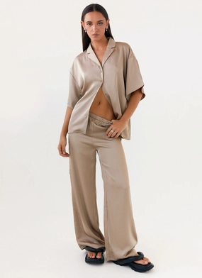Palm Cove Satin Pants - Mushroom Minimal Detail