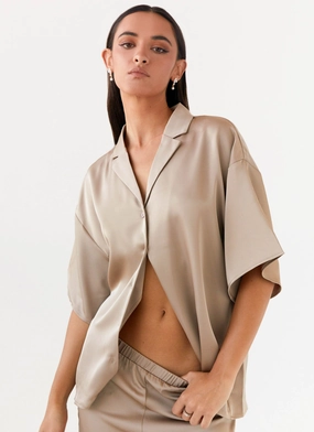 Mid Season Wear Breathable City Style Palm Cove Satin Shirt - Mushroom
