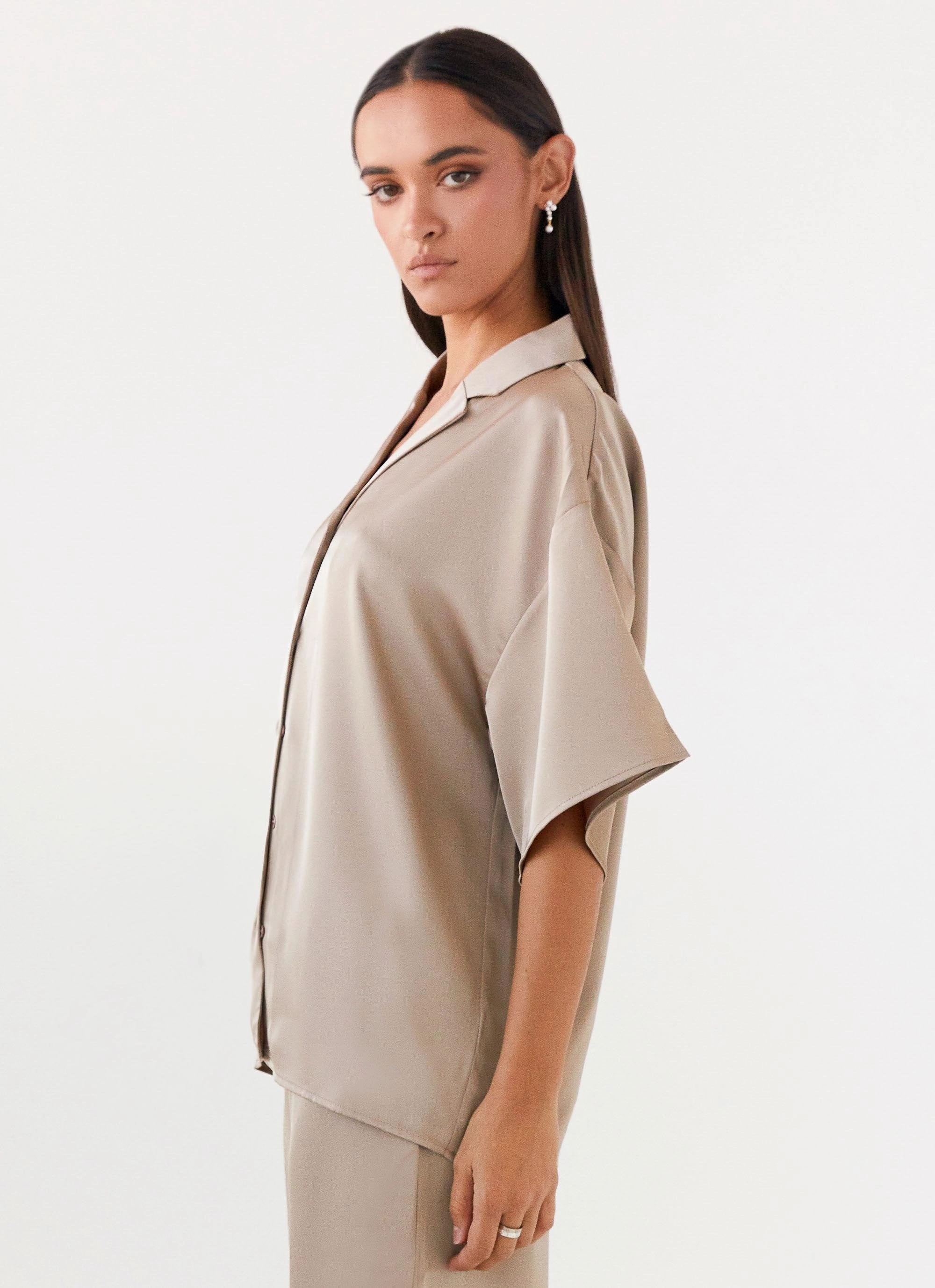High Visibility Trims Layered Look Palm Cove Satin Shirt - Mushroom