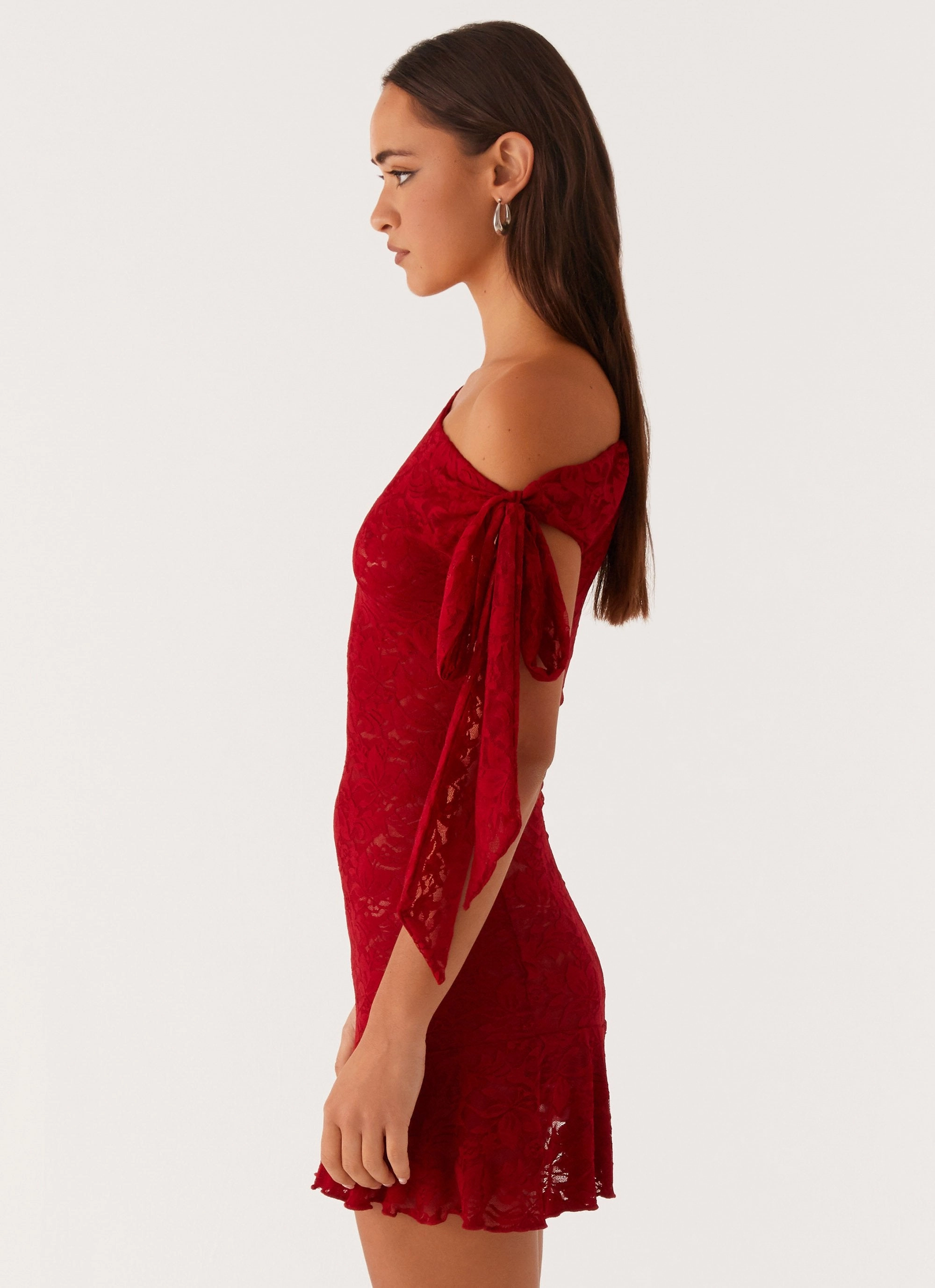 Elegant Layering Texture Play Palm House Lace Mini Dress - Red