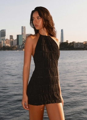 Aullie Mini Dress - Black Silky texture Abstract Pattern