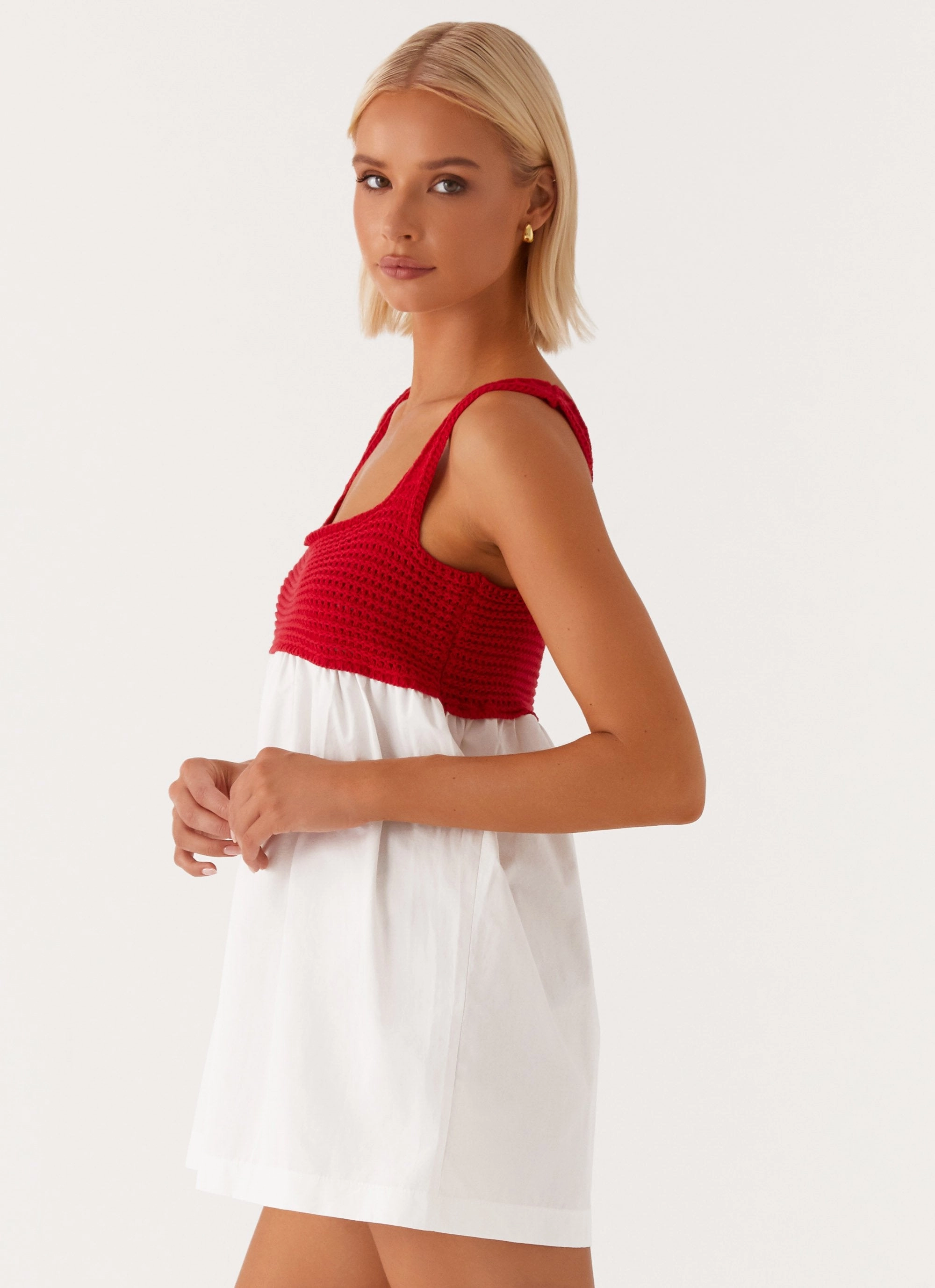 understated look Halona Crochet Babydoll Mini Dress - Red