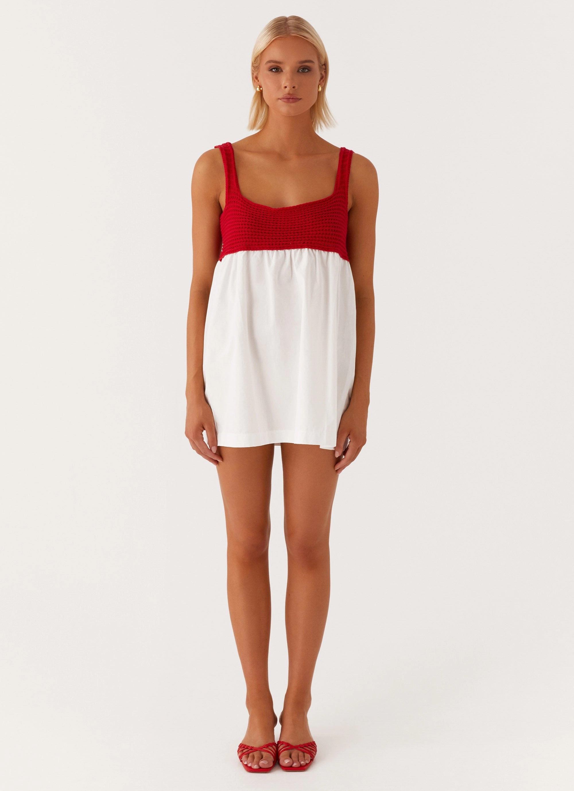 Halona Crochet Babydoll Mini Dress - Red Move Easy Refined Mood