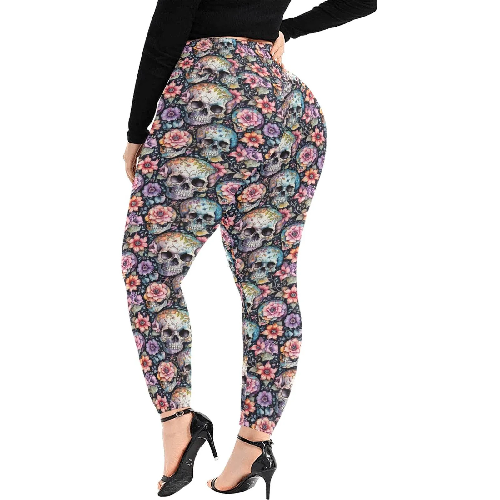 Pastel Floral and Skulls Women's Plus Size High Waited Leggings Women's High Waist Leggings(Plus Size)(ModelL45)