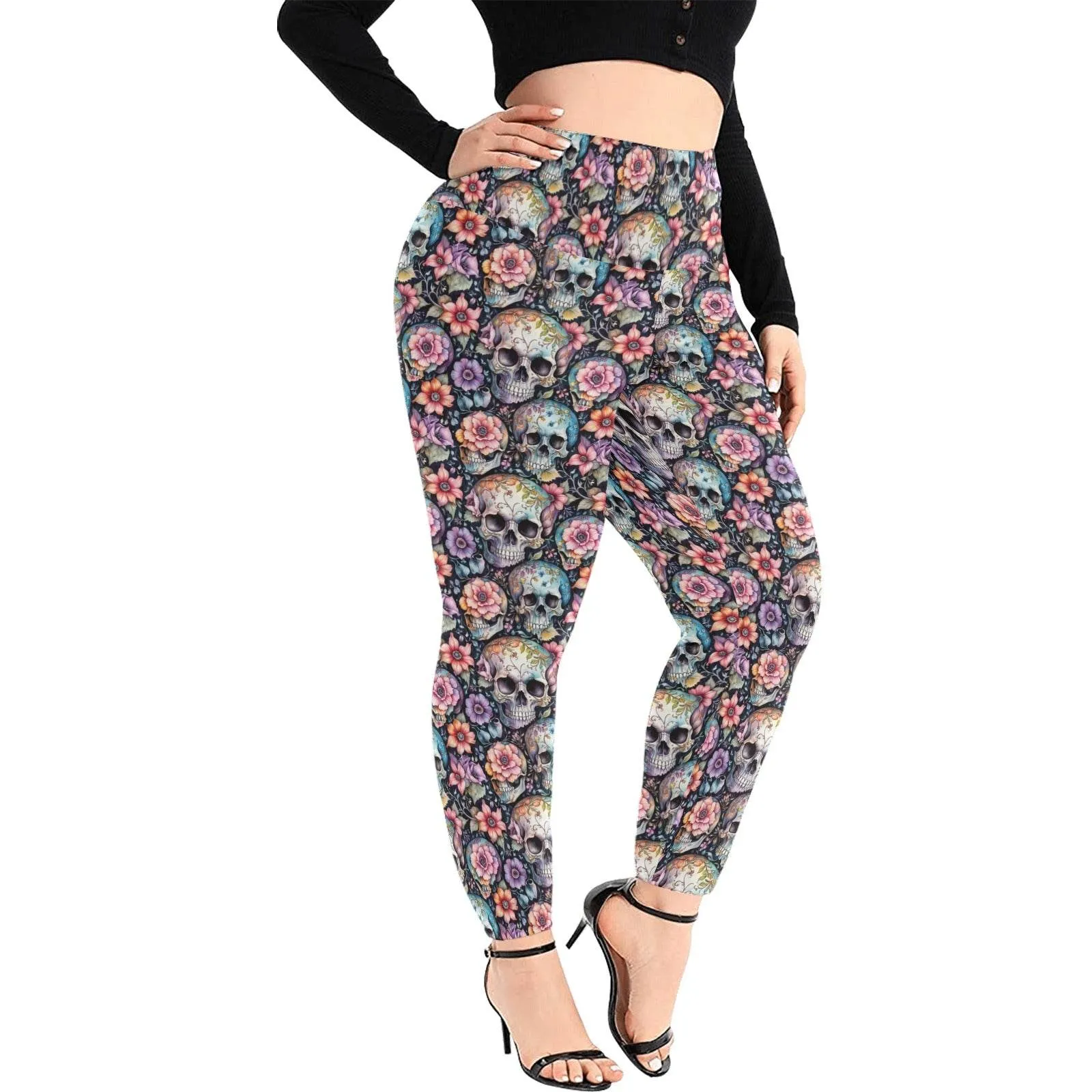 Pastel Floral and Skulls Women's Plus Size High Waited Leggings Women's High Waist Leggings(Plus Size)(ModelL45)