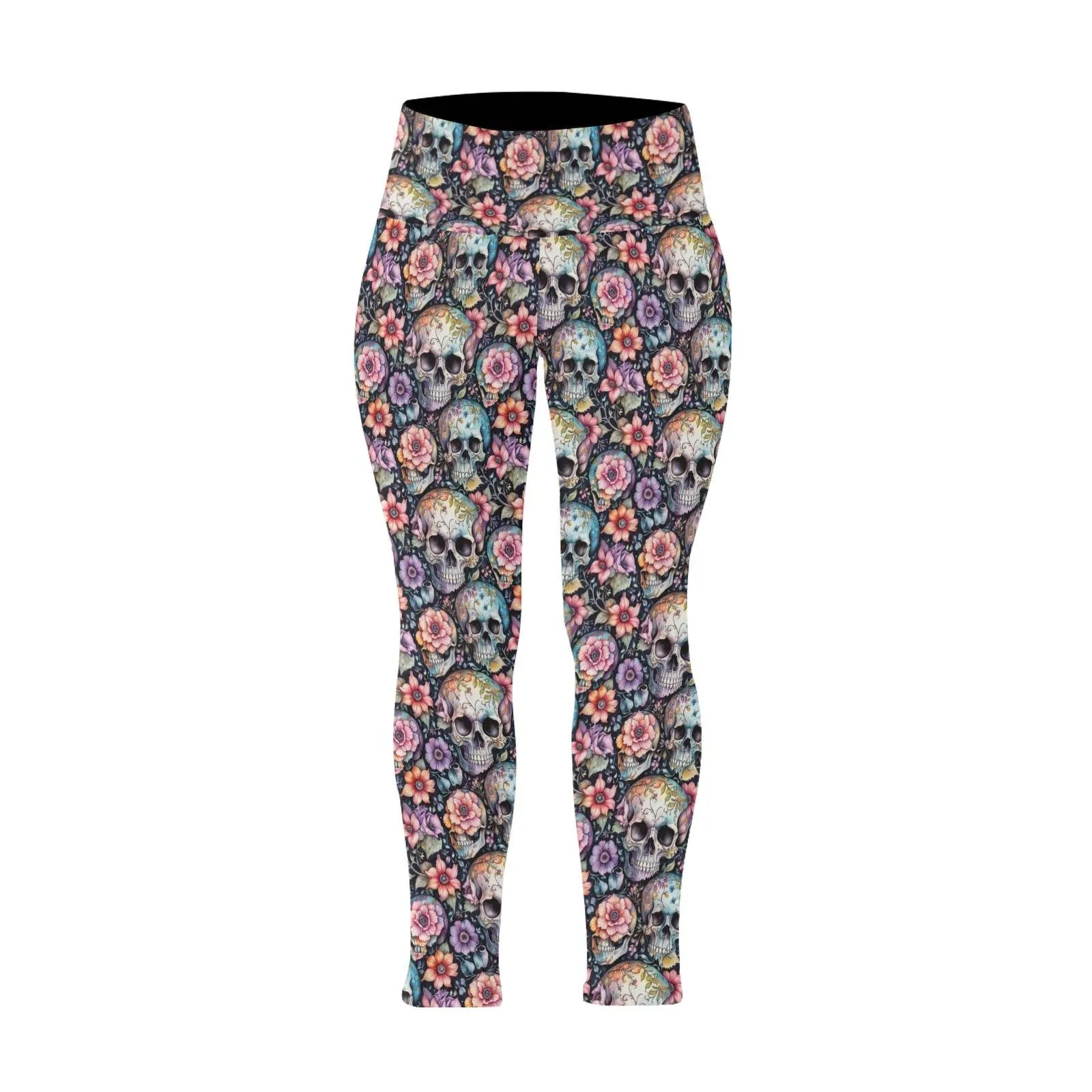 Pastel Floral and Skulls Women's Plus Size High Waited Leggings Women's High Waist Leggings(Plus Size)(ModelL45)