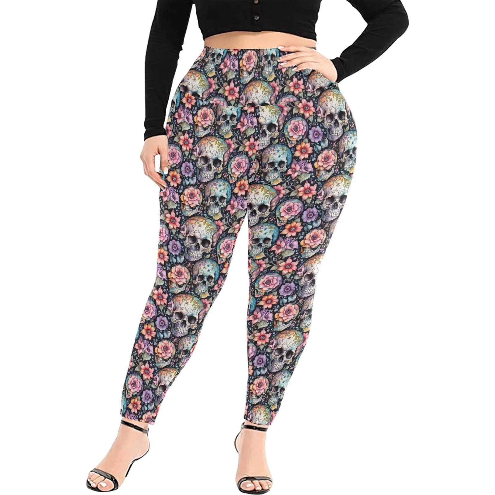 Pastel Floral and Skulls Women's Plus Size High Waited Leggings Women's High Waist Leggings(Plus Size)(ModelL45)