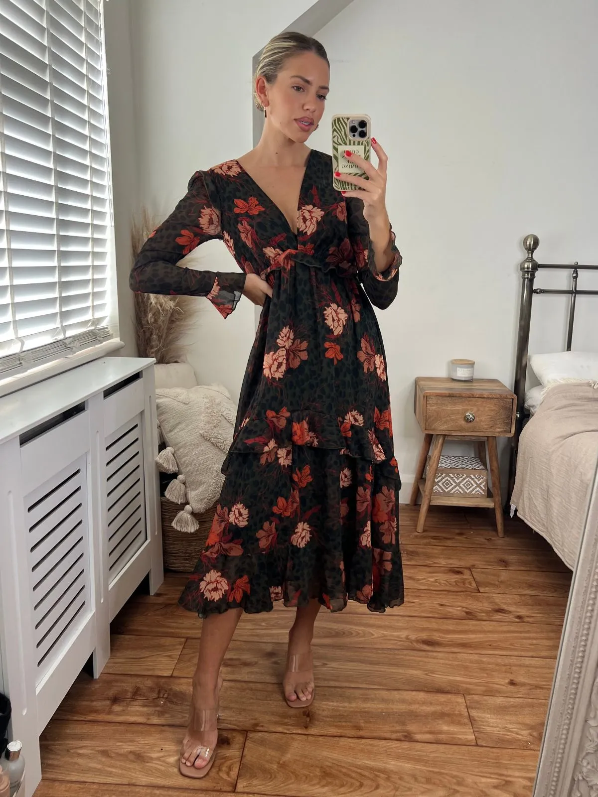 Contrast-Lining Birdie Frill Tie Back Dress / Orange and Khaki Floral