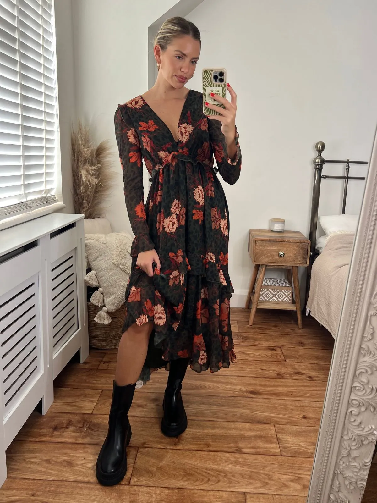 Birdie Frill Tie Back Dress / Orange and Khaki Floral Layered Fit