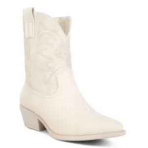 Patchwork Detail Low Heel Cowboy Boots In Beige