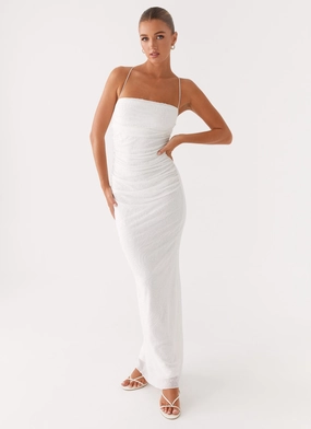 Paxton Beaded Maxi Dress - White Romantic Vibes Gemstone-Detail Paxton Beaded Maxi Dress - White