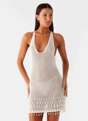 Pearl Shore Beaded Crochet Mini Dress - Ivory Monochrome Palette