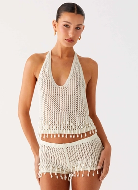 Pearl Shore Beaded Crochet Top - Ivory Enhanced Mobility Pearl Shore Beaded Crochet Top - Ivory Snag Free Fabric Layered Collar