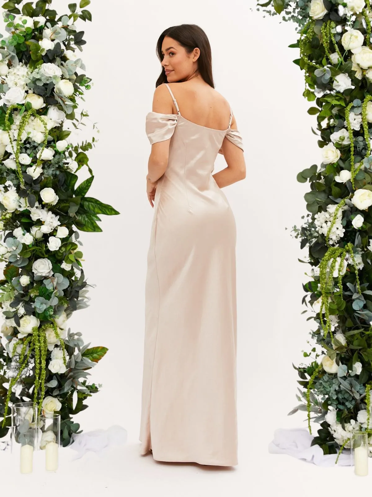 Inner Glow Light Sheen Cowl Neck Maxi Satin Bridesmaid Dress / Champagne