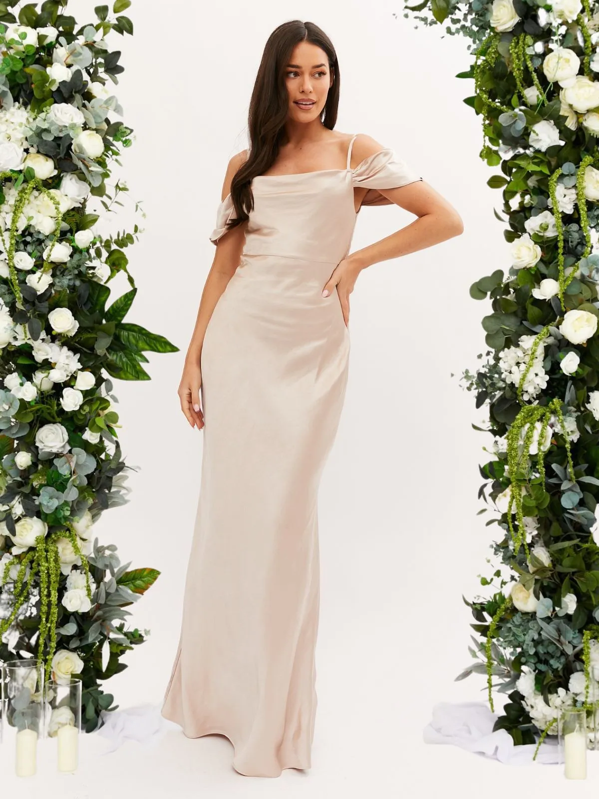 Sleek Texture Simple Comfort Cowl Neck Maxi Satin Bridesmaid Dress / Champagne