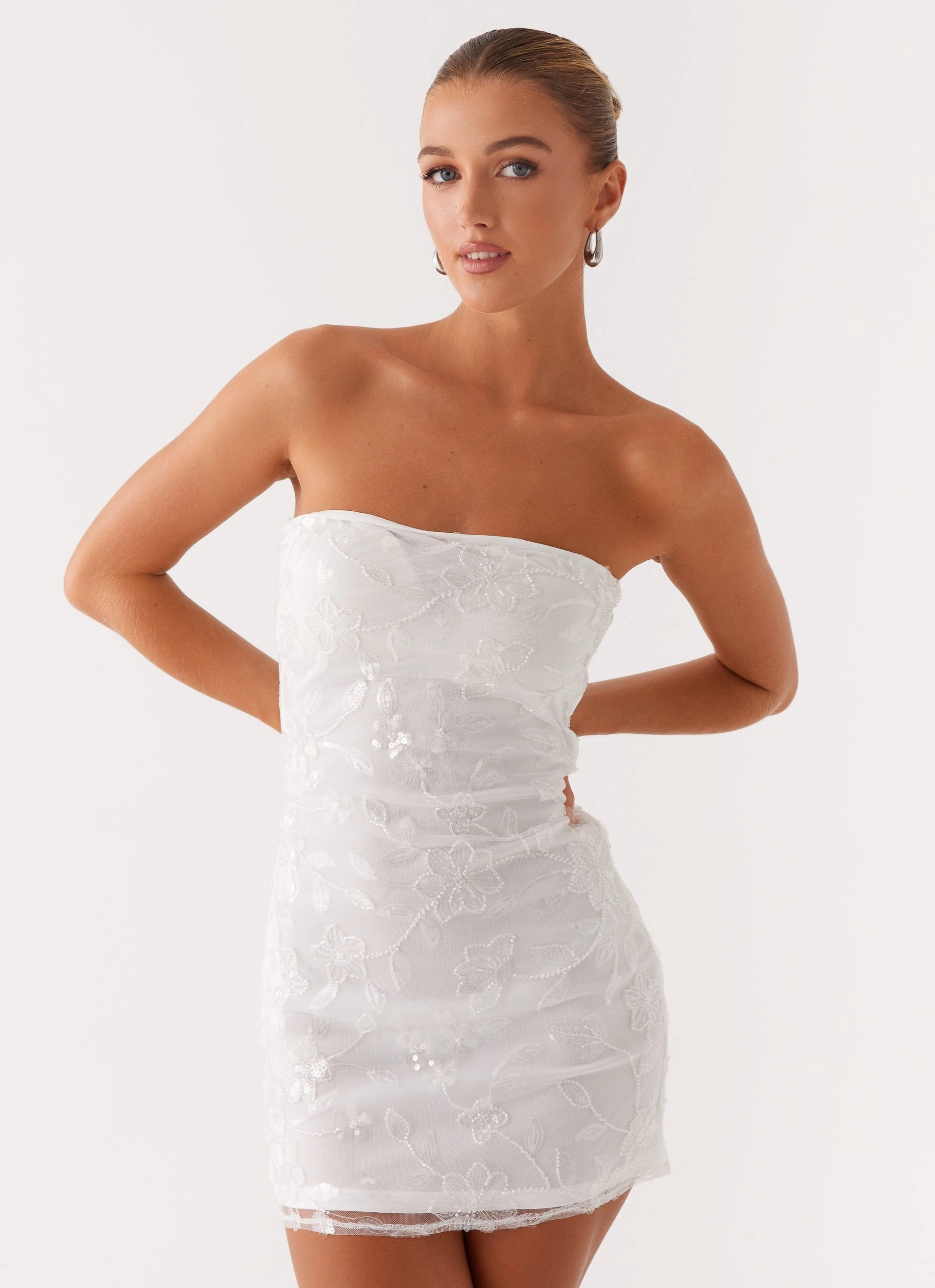 Premium Material Moorey Beaded Mini Dress - White Silver