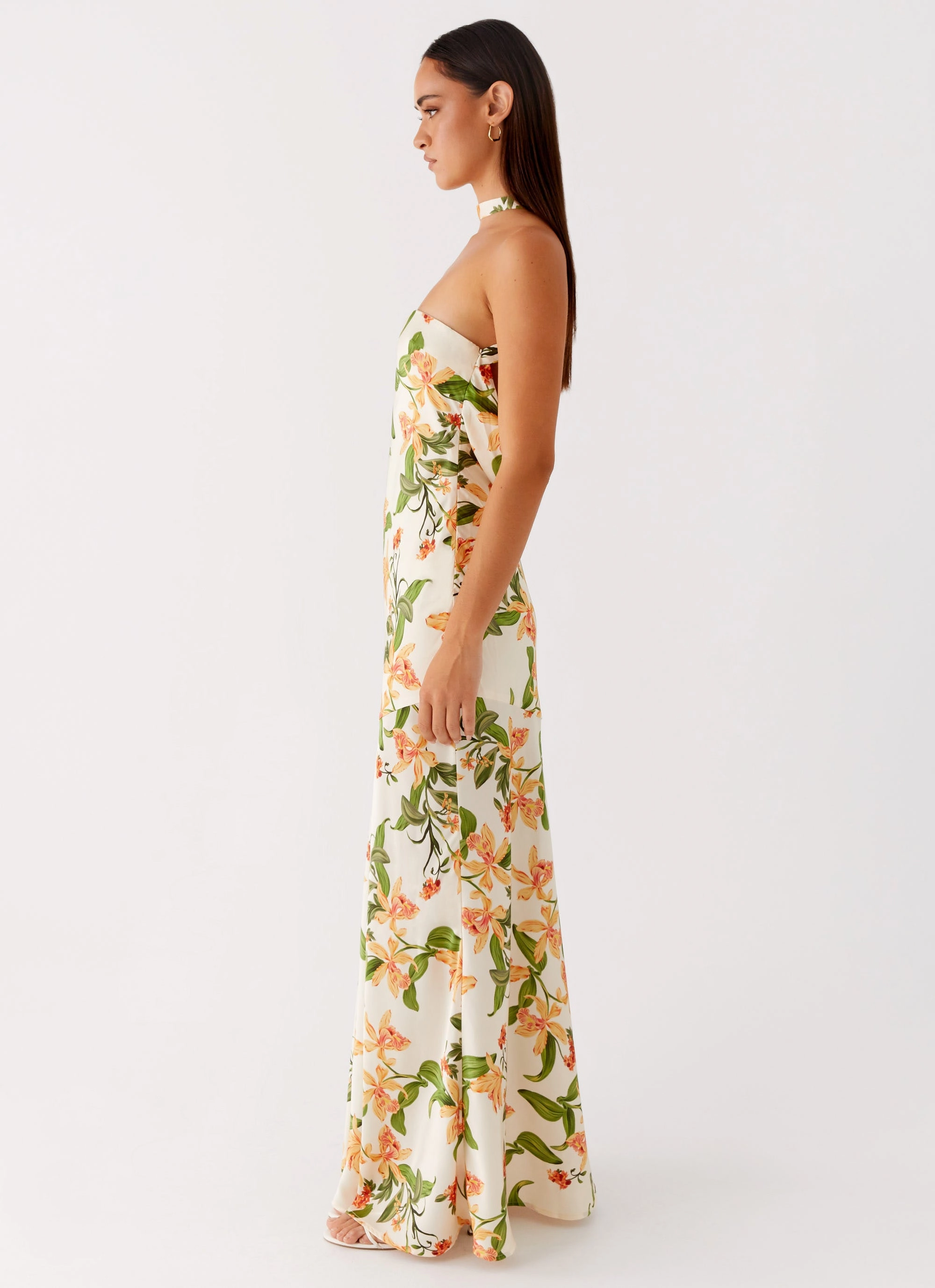 Damali Satin Maxi Dress - Floral Print Relax Tones Happy Soul