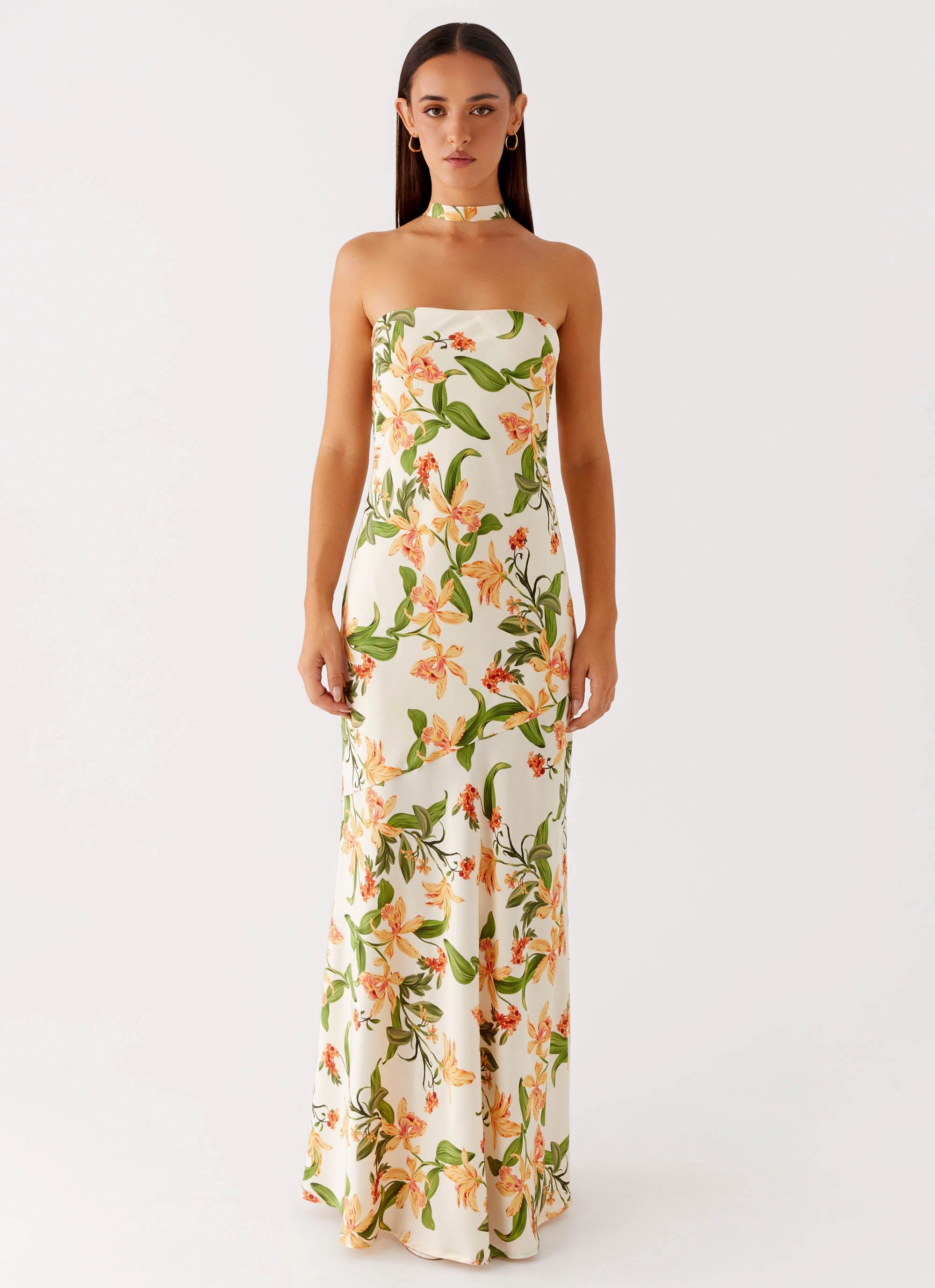 Damali Satin Maxi Dress - Floral Print Light Aesthetic Comfy Flex