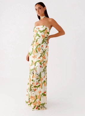 Peplum Detail Damali Satin Maxi Dress - Floral Print Damali Satin Maxi Dress - Floral Print Silky Layer