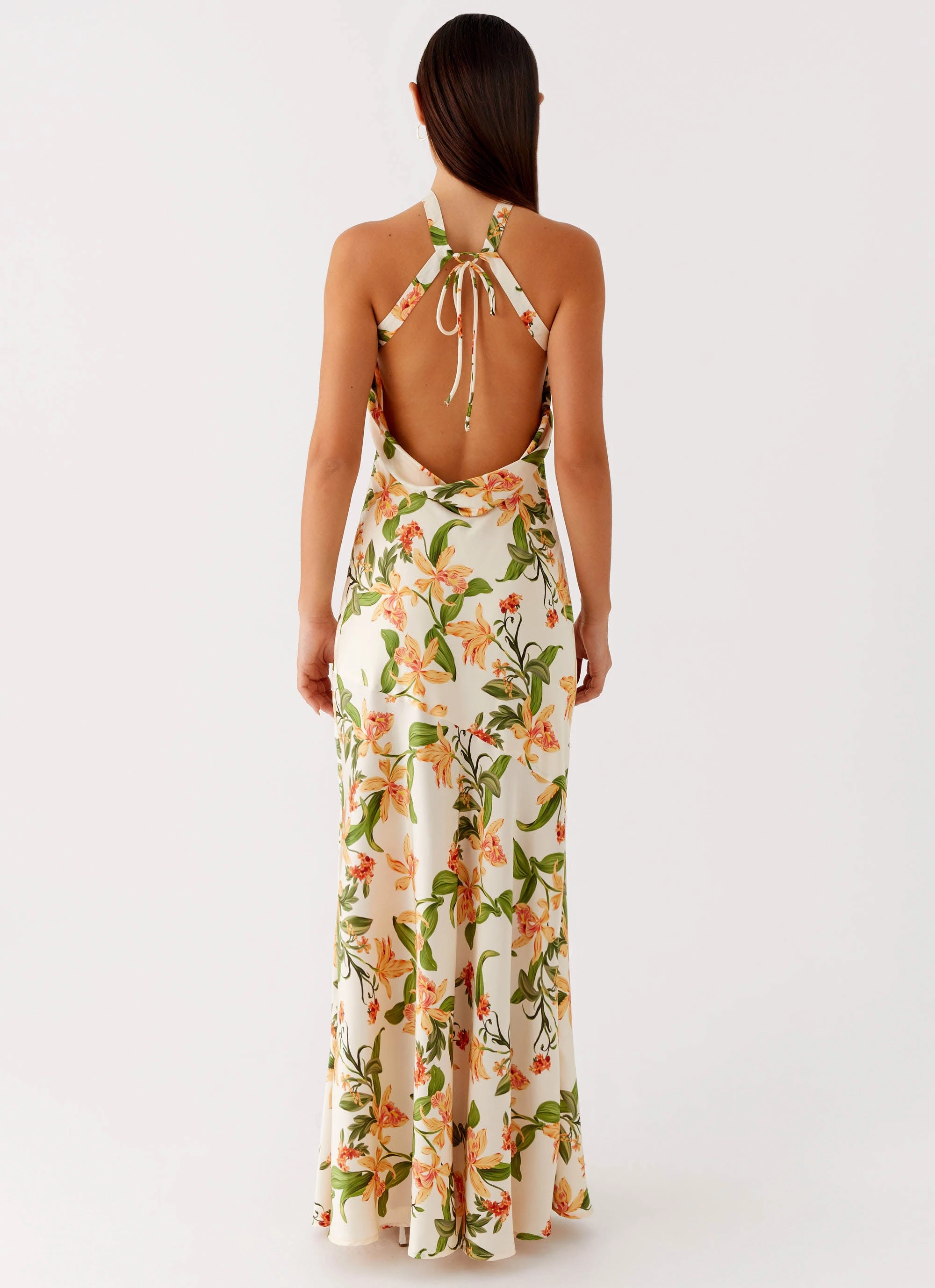 Damali Satin Maxi Dress - Floral Print Back Glow Soft Shape