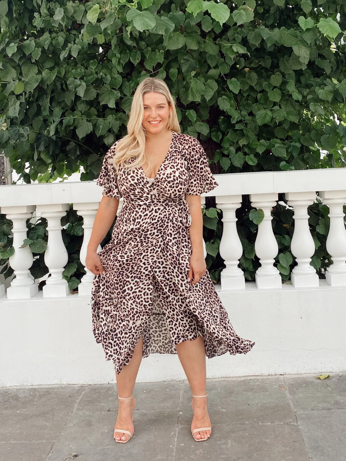 Ophelia Neutral Animal Print Angel Sleeve Wrap Midi Dress City Style