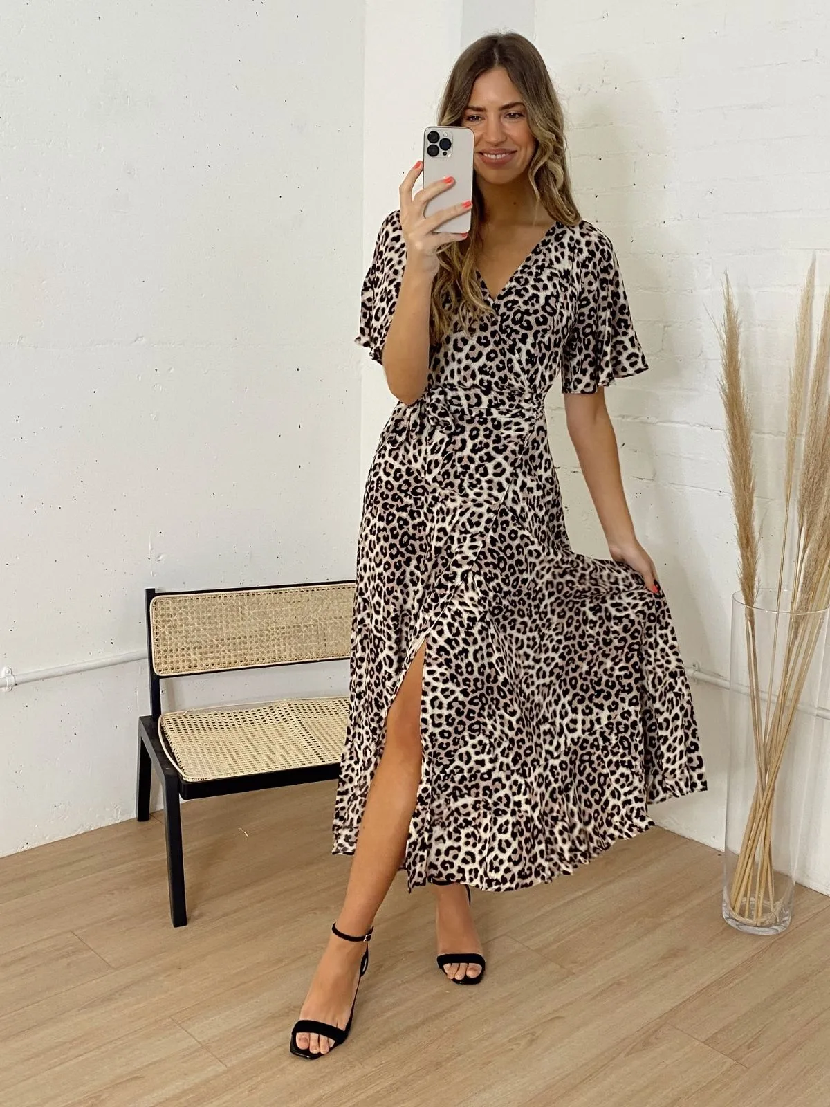 Ophelia Neutral Animal Print Angel Sleeve Wrap Midi Dress Romantic Mood Easy-to-style casual dress