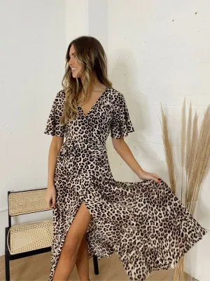 Clean Texture Flattering and Effortless Ophelia Neutral Animal Print Angel Sleeve Wrap Midi Dress