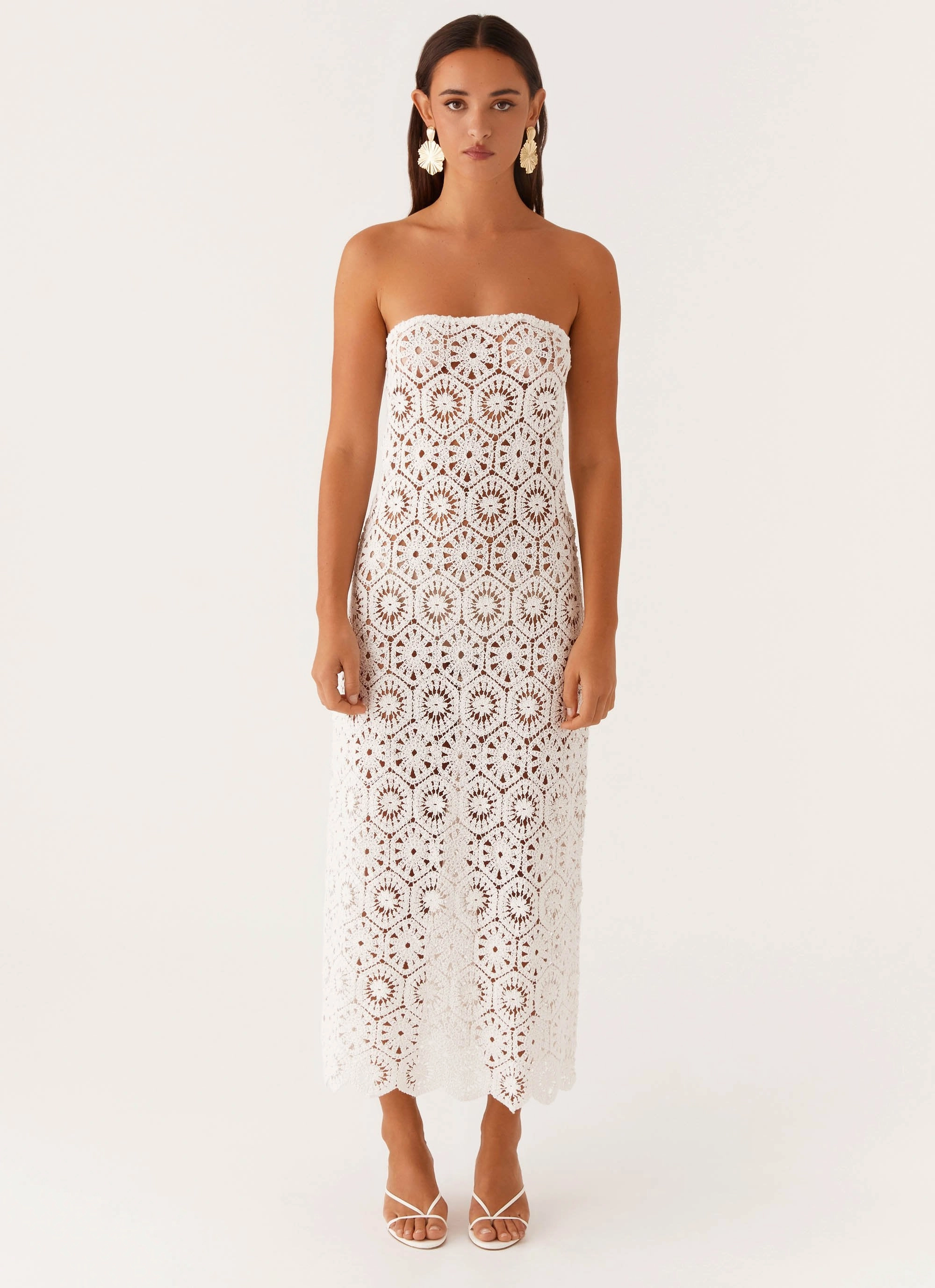Classic knee-length dress Color-Blocked Kingsly Crochet Maxi Dress - White