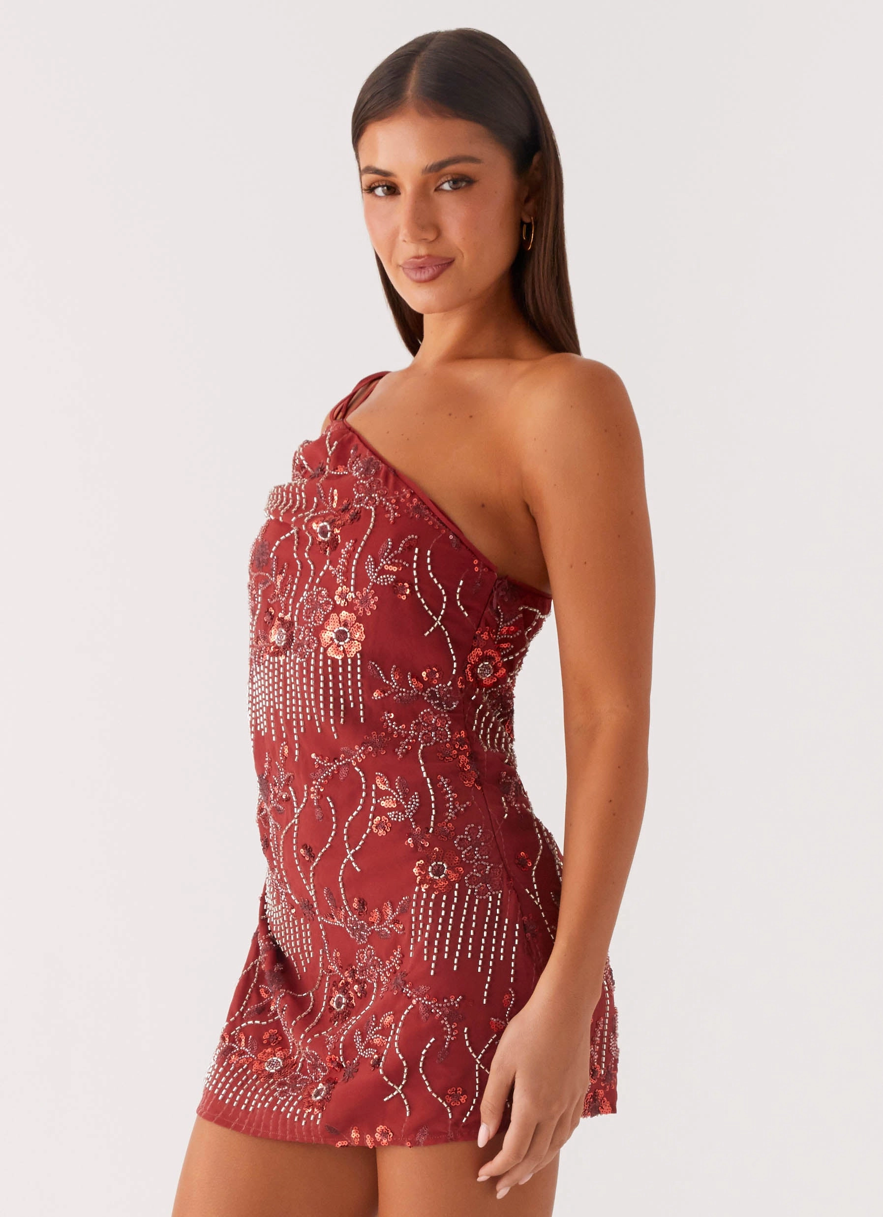 Temptational Beaded One Shoulder Mini Dress - Rust Chic Balance Casual Chic