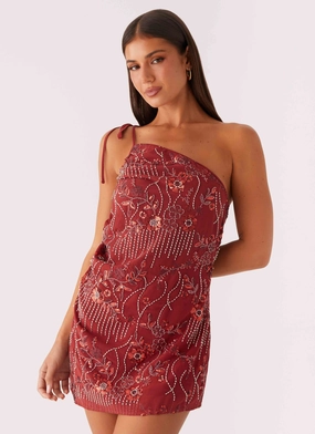 Perfect Silhouette Temptational Beaded One Shoulder Mini Dress - Rust Back Glow Comfortable outdoor wear Temptational Beaded One Shoulder Mini Dress - Rust