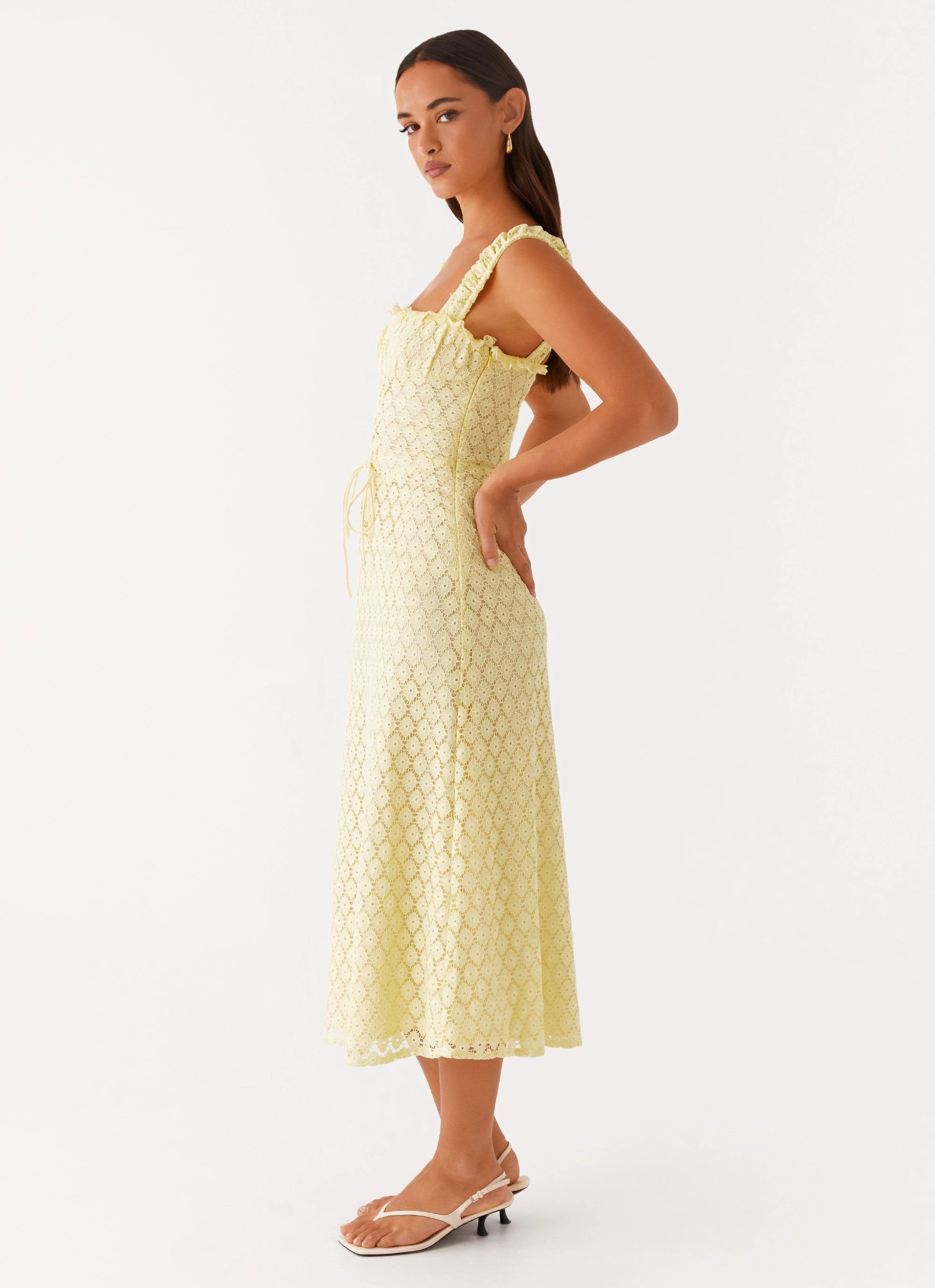 Casual weekend dress flattering appearance Keziah Tie Front Midi Dress - Lemon