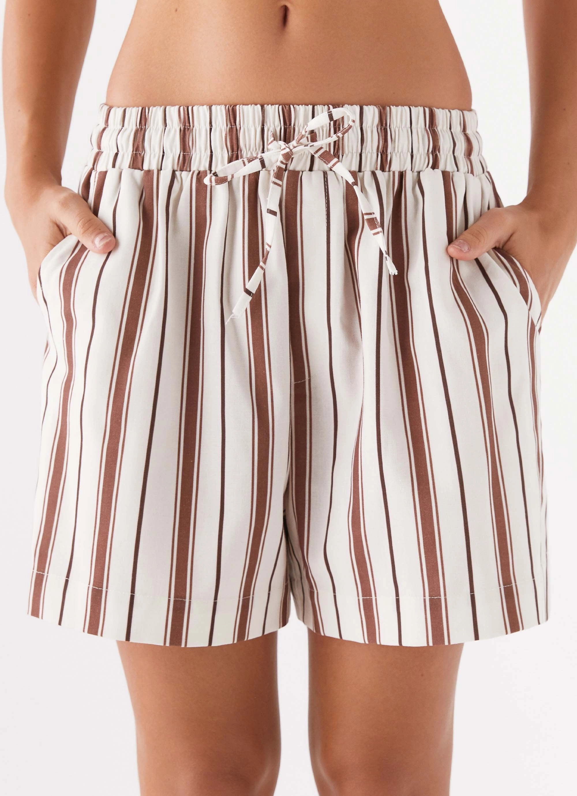 Kristen Linen Drawstring Shorts - Brown Stripe Effortless Design Travel-Ready