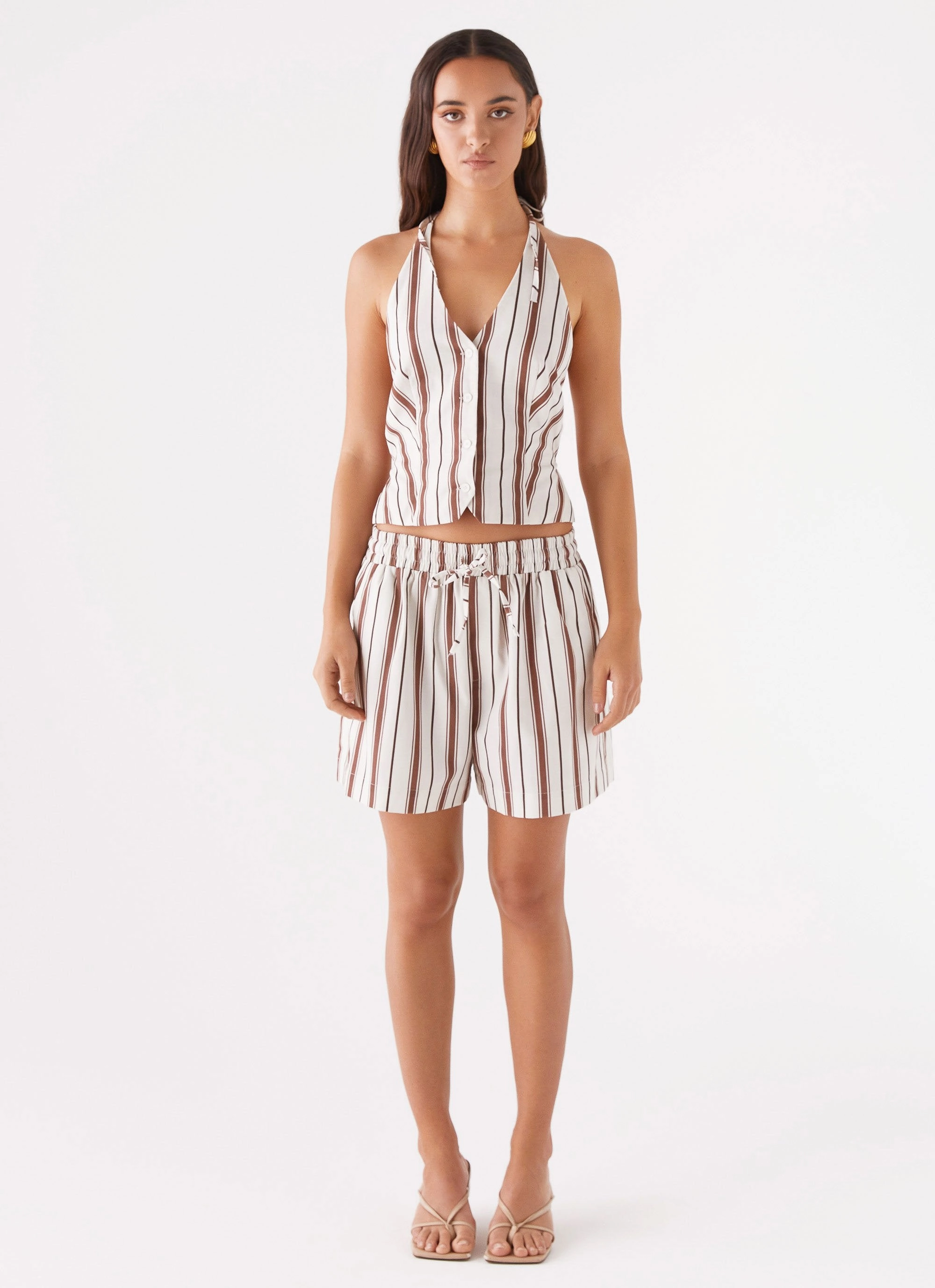 Kristen Linen Drawstring Shorts - Brown Stripe Urban Style Comfort Wear