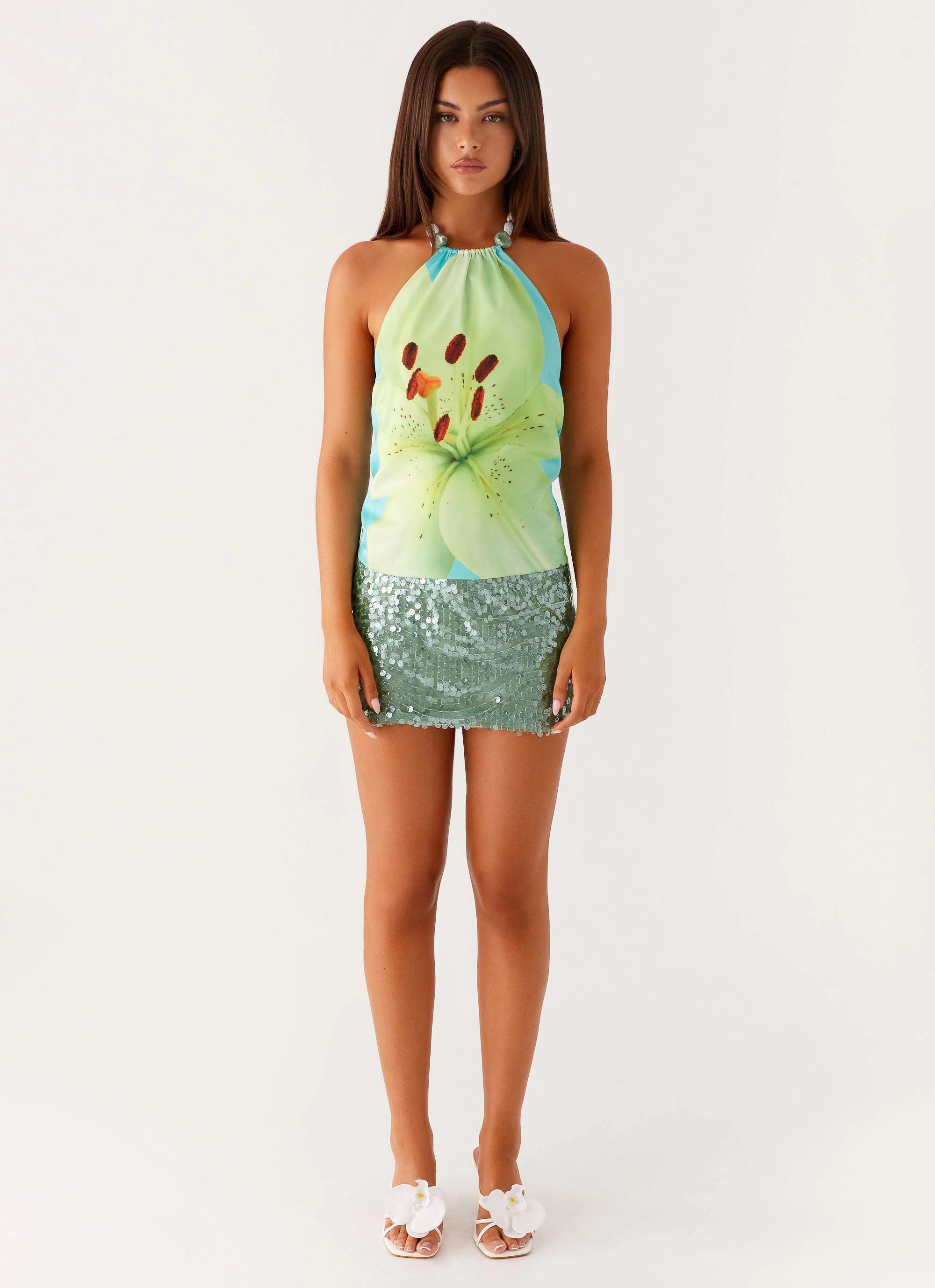 Office Wear Layered Look Dalila Beaded Tie Back Top - Turquoise Floral