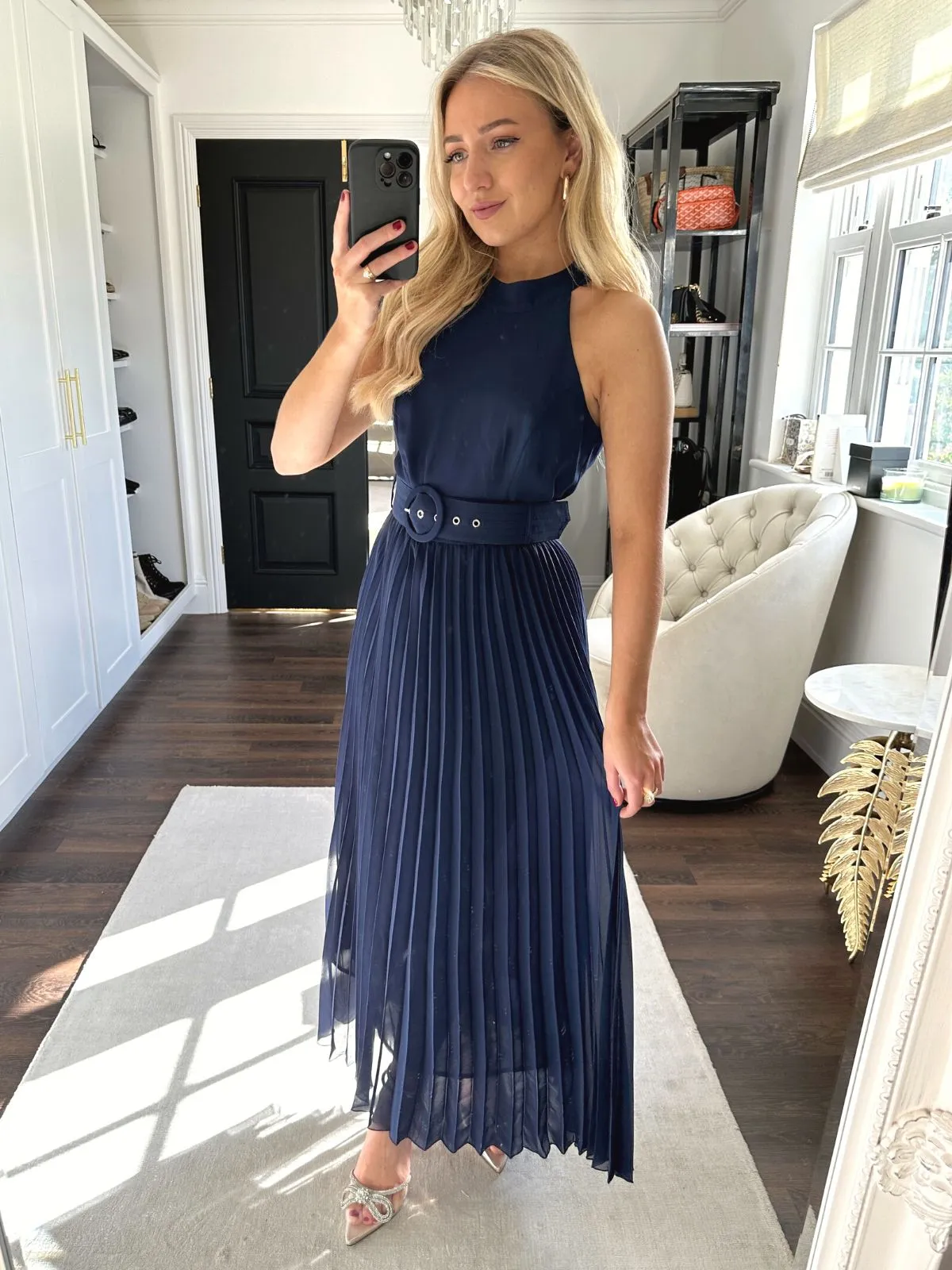Eco-Lining Petite Luisa Belted Pleated Maxi Dress / Navy