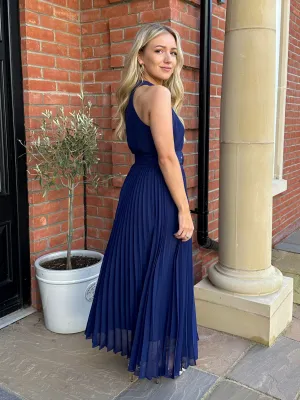 Petite Luisa Belted Pleated Maxi Dress / Navy Elegant Look