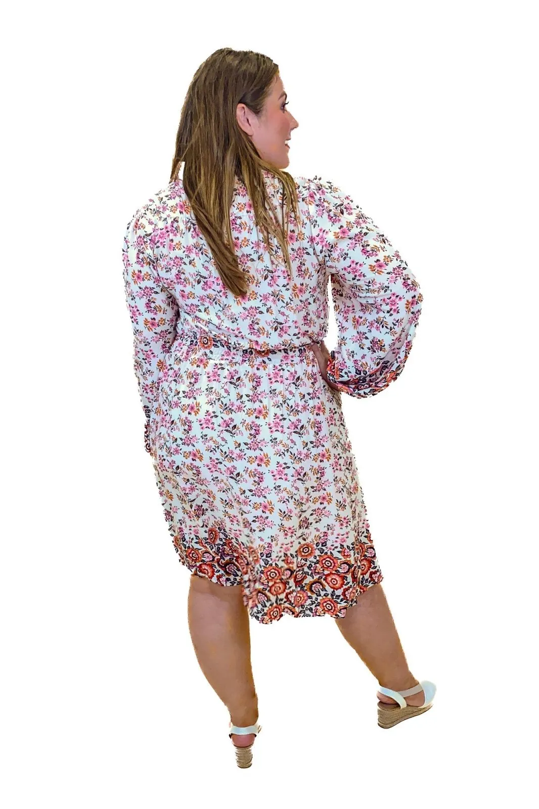 Pink Floral Plus Size Long Sleeve Shirt Dress