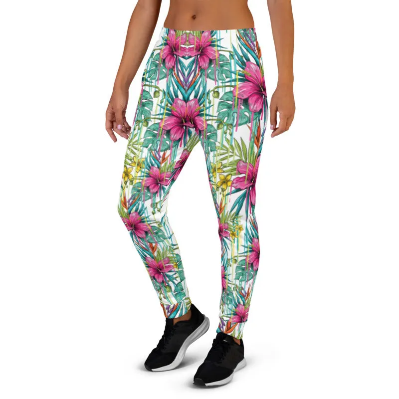 Pink Floral Women's Joggers, Tropical Print Colorful Comfy Casual Sweatpants-Made in EU