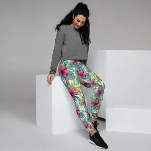 Pink Floral Women's Joggers, Tropical Print Colorful Comfy Casual Sweatpants-Made in EU