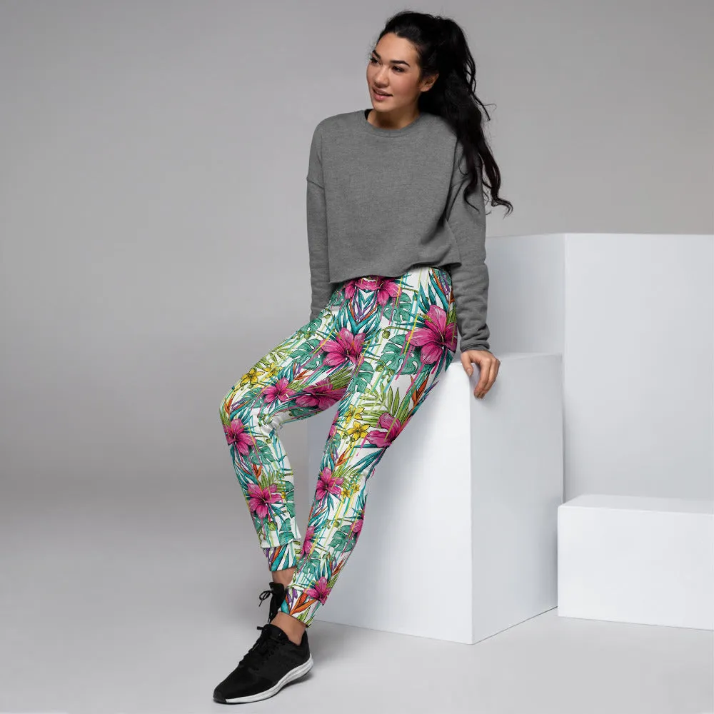 Pink Floral Women's Joggers, Tropical Print Colorful Comfy Casual Sweatpants-Made in EU