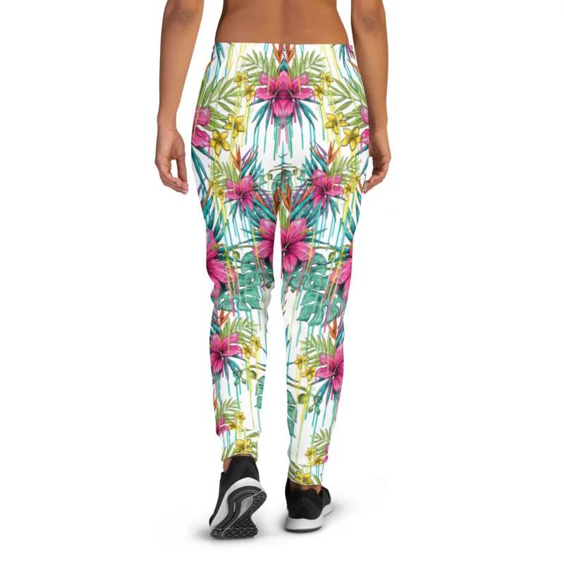 Pink Floral Women's Joggers, Tropical Print Colorful Comfy Casual Sweatpants-Made in EU